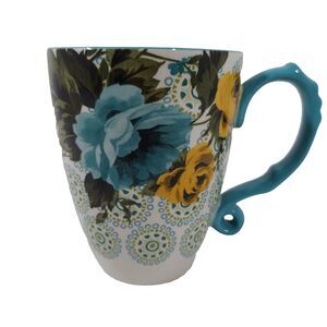 Pioneer Woman Rose Shadow Lg Jumbo Latte Coffee Mug Turquoise Yellow Roses 24 oz